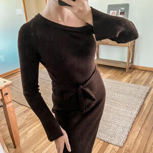 Eleven Six Ana Alpaca Blend Knit Espresso Brown Ribbed Belted Midi Dress M NWT